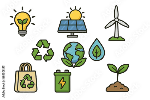 Eco friendly icon set. Renewable energy sources and sustainable practices concept. Solar panel, wind turbine, recycle symbol, green planet earth. Vector cartoon illustration.