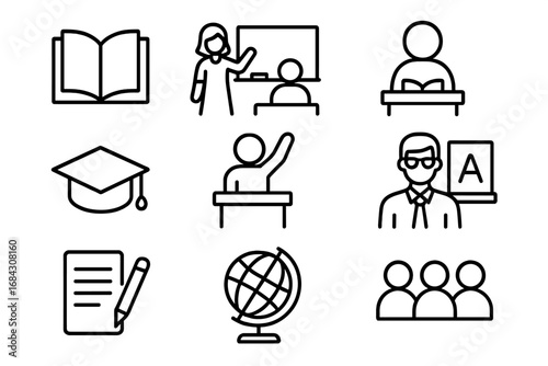 Education and learning line icon set. School, study, university concepts. Icons for teacher, student, classroom, graduation, book, globe. Vector outline symbols collection.