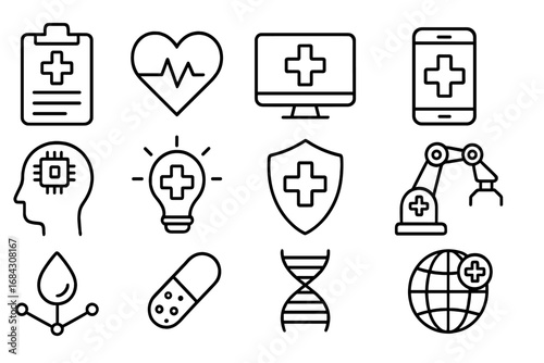 Medical innovation and healthcare technology outline icon set. Vector symbols for digital health, telemedicine, AI, robotic surgery, genetics, mHealth and global health.