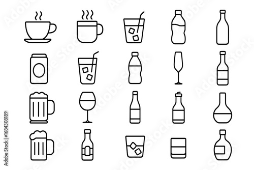 Beverages line icon set. Coffee, tea, beer, wine, soda, cocktail, water. Drink and alcohol pictogram collection. Editable stroke vector for bar menu, cafe, app, web design.