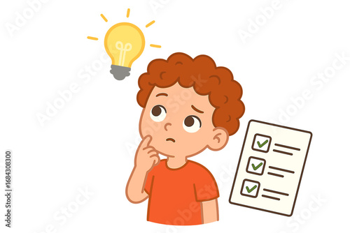 Child thinking with a light bulb idea, a concept for creativity and problem solving. Smart kid with a finished checklist, an education and learning metaphor. Boy finding a solution.