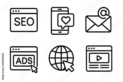 Digital marketing outline icon set. Seo, social media, email, ads, web and video icons. Thin line vector pictograms for business promotion, website, and mobile app interface.