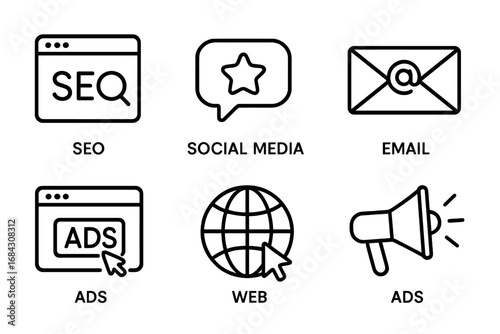 Digital marketing outline icon set. Vector collection of thin line icons for online business promotion. SEO, social media, email, ads, web, advertising, and internet concepts.