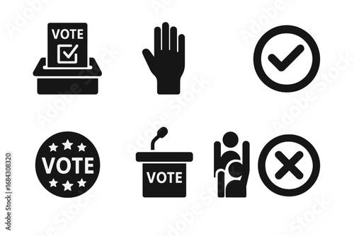 Election and voting solid icon set. Ballot box, vote, debate podium, choice, and democracy symbols. Political campaign pictogram collection for government and referendum.