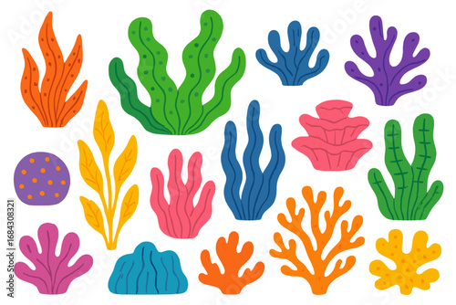 Set of colorful seaweeds and corals. Collection of underwater plants, algae. Marine life cartoon icons. Aquatic nature clip art for aquarium design. Vector illustration isolated.