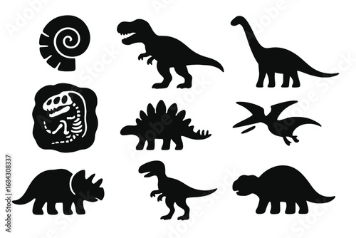 Dinosaur silhouette icon set. Prehistoric animals collection with T-rex, triceratops, stegosaurus, pterodactyl. Fossil, archaeology, and paleontology vector graphic shapes.