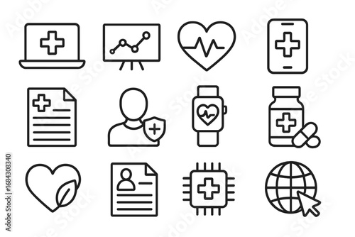Healthcare technology line icon set. Medical data, e-health, wellness symbols. Telemedicine, patient insurance, mobile health app, wearable tracker, online pharmacy icons.