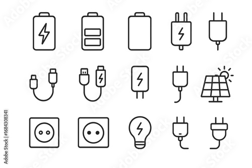 Energy and power line icon set. Vector collection of electricity symbols: battery, charger, plug, socket, USB cable, and solar panel. Editable stroke for web and app design.
