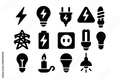 Energy and lighting solid icon set. Power, electricity, illumination symbols. Vector glyph collection with light bulb, plug, socket, battery, pylon, and lamp icons.