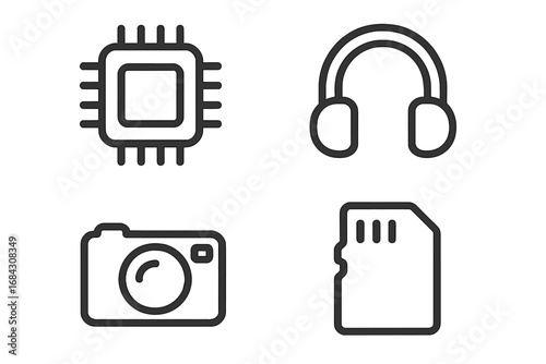 Technology line icon set. Vector outline symbols of a processor, headphones, photo camera, and memory card. Electronic gadget icons for web design, UI, UX, and app interface.