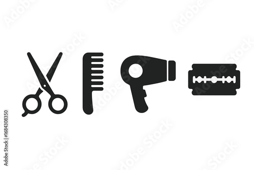 Barber shop tools vector icon set. Hairdresser and salon equipment symbols: scissors, comb, hairdryer, and razor blade. Minimalist silhouette graphic design elements.