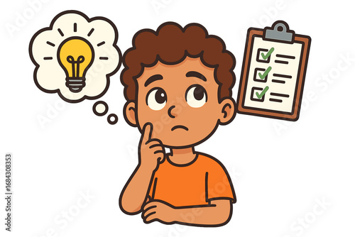Child thinking concept with light bulb idea. Boy solving problem with checklist. Creativity and learning. Education and brainstorming. Kid with a plan. Vector cartoon illustration.