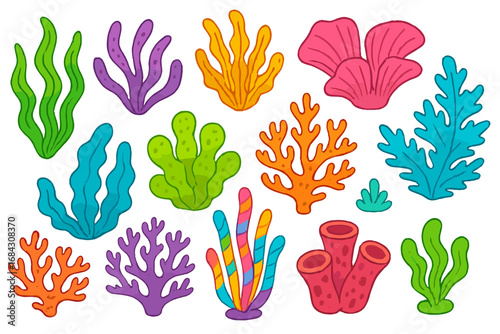 Seaweed and coral vector set. Colorful aquatic plants collection. Cartoon underwater ocean life elements. Marine flora illustration. Isolated sea nature design elements for kids.