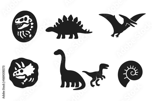 Dinosaur silhouette icon set. Vector collection of prehistoric animals and fossils. Paleontology and archeology graphics. Jurassic monster reptiles like T-Rex and Stegosaurus.