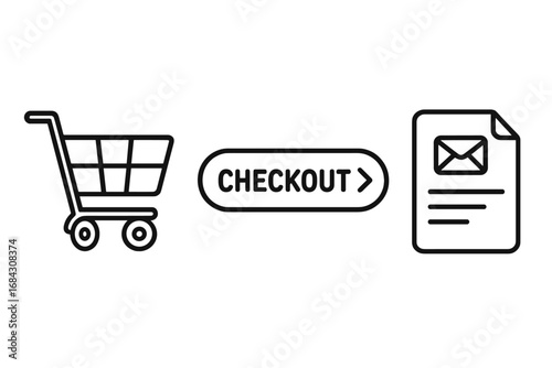 E-commerce checkout process with outline icons. Vector icon set illustrating the online shopping user journey with shopping cart, checkout button, and billing address form icons.