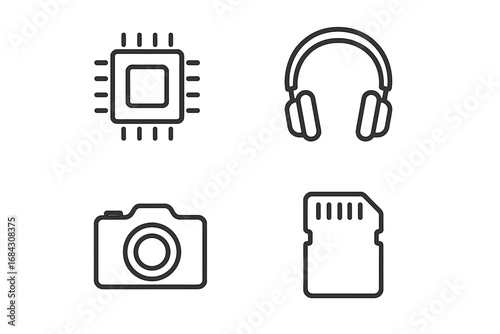 Tech gadget thin line icon set. CPU processor chip, headphones, photo camera, SD memory card symbols. Editable stroke vector icons for website, app, UI, UX, and infographics.