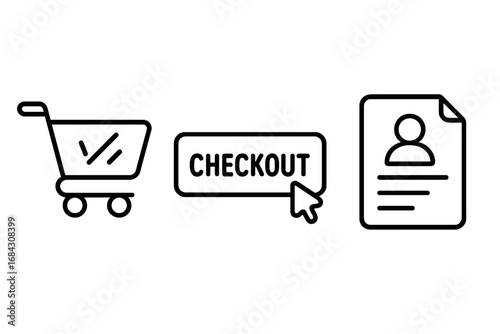 E-commerce checkout process vector icon set. Outline symbols for online store UI. Shopping cart, basket, add to cart. Checkout button with cursor click. Billing address form.