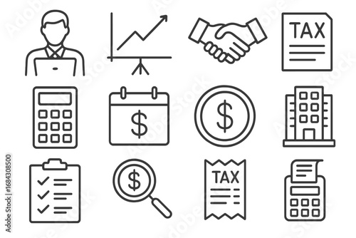 Business and tax consultation outline icons set. Linear finance tools for accounting, corporate management, and investment analysis. Vector symbols for office and money topics.