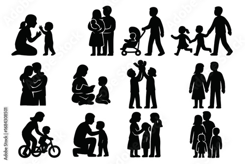 Family parenting silhouette icon set. Childcare & family activities vector collection. Mother, father, baby, child relationship concepts. Parents love, care, support illustration.
