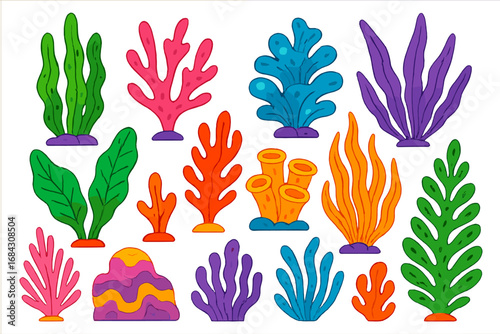 Set of colorful seaweed and coral. Vector cartoon underwater plants. Marine aquatic life illustration. Ocean reef elements collection for creative project. Flat design isolated.