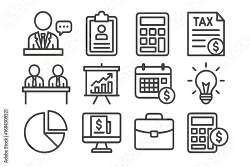 Business and tax consultation outline icons set. Linear financial tools for office planning. Vector illustration of analytics, report, meeting, data, growth, payment symbols.