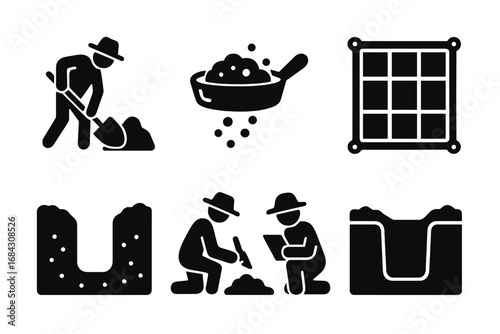 Archaeology excavation solid glyph icon set. Archaeologist team digging, sifting soil for artifacts. Site grid, trench, shovel, trowel and discovery vector pictograms.