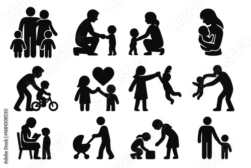 Family and parenting silhouette icon set. Childcare and family activities collection. Mother, father and child relationship concept. Love, care, support and parenthood vector.