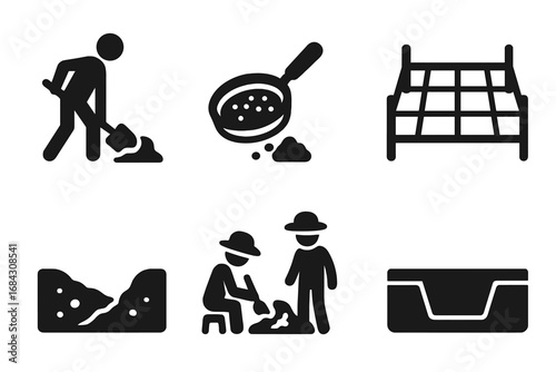 Archaeology excavation icon set. Solid glyphs of digging process, sifting soil, site grid, trench, and archaeological team. Paleontology and history research vector.