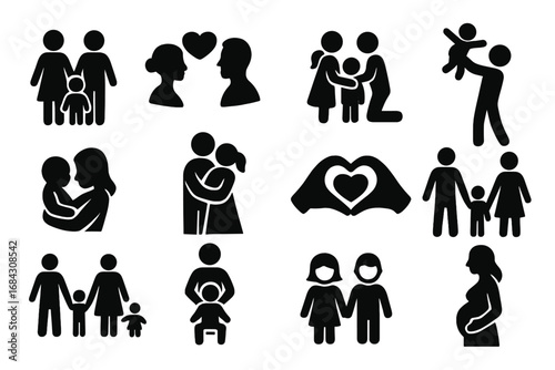 Family and parenting silhouette icon set. Parents, children, love and relationship concepts. Mother, father, baby care, pregnancy and couple hug vector pictogram collection.