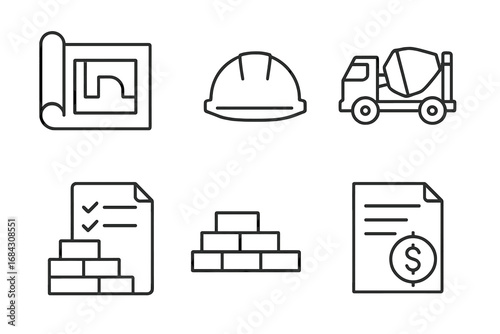 Construction line icon set for building and architecture. Vector symbols for blueprint, hard hat, concrete mixer, materials, and cost estimation. Simple outline design icons.