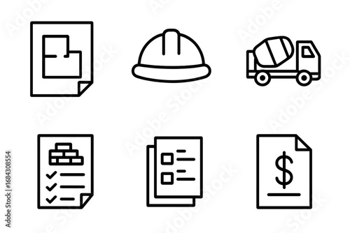 Construction icon set for building industry. Outline icons for project plan, blueprint, safety hard hat, concrete mixer truck, materials list, budget and cost management.