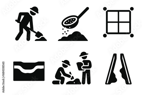 Archaeology excavation solid glyph icon set. Archaeologist team digging, sifting soil, site grid, trench, stratigraphy. Geology, history and paleontology vector symbols.