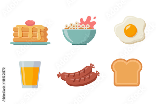 Hearty breakfast vector illustrations, stack pancakes bowl cereal fried egg orange juice sausage toast, morning menu icons pack