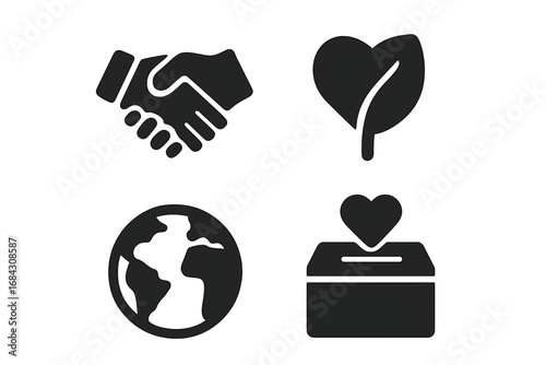 Corporate social responsibility icon set. ESG, business ethics, sustainability, environmental care, charity and partnership symbols. Handshake, globe, leaf and donation box.