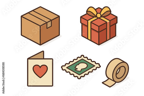 Care package icons isometric flat icon set. Vector cartoon illustration of sending mail, postage, and delivery. Cardboard box, gift, greeting card, stamp, tape symbols.