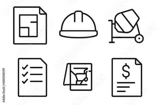 Construction outline icon set. Building industry symbols. Vector icons of blueprint, hard hat, concrete mixer, checklist, schedule, budget. Engineering and architecture signs.