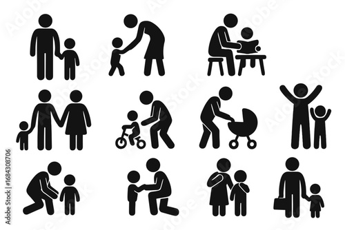 Family and parenting silhouette icon set. Stick figure pictograms of childcare, education, and daily life. Parent and child relationship, love, care, and support concepts. Vector.