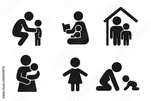 Family and parenting silhouette icon set. Vector pictograms of parent, child, baby care, education, and home life. Mother, father, and kid development symbols collection.