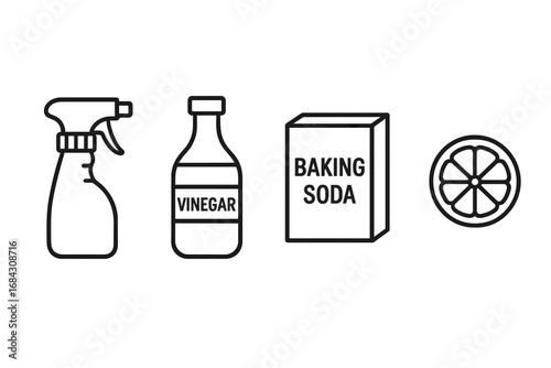 DIY eco cleaner icons. Natural ingredients for homemade cleaning solutions. Outline icon set with spray bottle, vinegar, baking soda, and lemon. Vector for non-toxic lifestyle.