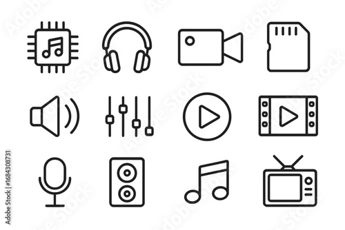 Audio video line icon set. Sound and music production, multimedia player pictograms. Microphone, camera, headphones, speaker, play button simple outline vector symbols for web, UI.