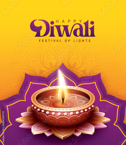 Happy Diwali festival with oil lamp, Rangoli decoration with Diya, Diwali holiday Background with rangoli, Diwali celebration greeting card,vector.
