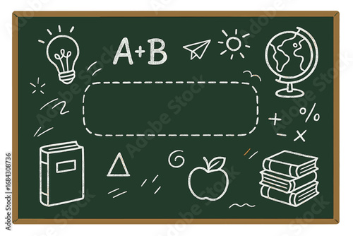 School chalkboard background with chalk doodles. Education, learning, back to school concept. Vector illustration with customizable copy space frame, globe, books, apple, idea.