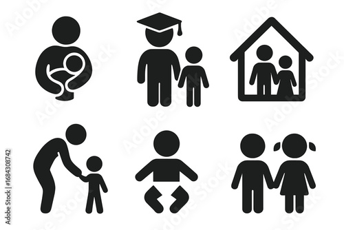 Family and parenting silhouette icon set. Vector symbols of care, education, home, baby, and child development. Pictograms for family life, support, and relationships.