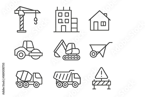 Construction line icon set. Building industry symbols. Heavy machinery pictograms. Crane, excavator, truck, house vector outline signs. Editable stroke for web, app design.