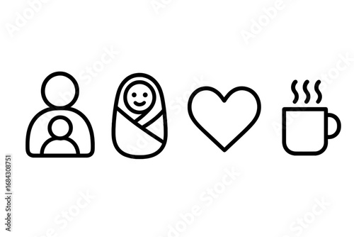 Family bonding icon set. Parenthood, childcare and love concept. Parent and child silhouette, swaddled newborn baby, heart shape and coffee cup icons. Vector outline symbols.