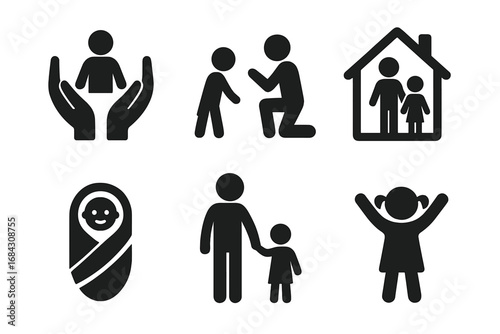 Family and parenting black silhouette icon set. Symbols for child care, education, home, baby, newborn, and parenthood. Vector illustration of family life and relationships.