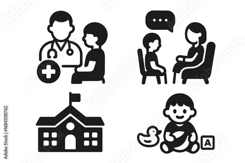Child wellbeing solid glyph icon set. Pediatric doctor visit, child psychology therapy, school education, early development and playtime. Children's health care vector symbols.