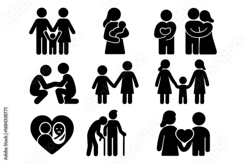 Family and relationship silhouette icon set. Parenting, caregiving, and couple symbols. Pictograms for love, parents, children, gay couple, and elderly care. Vector graphic.