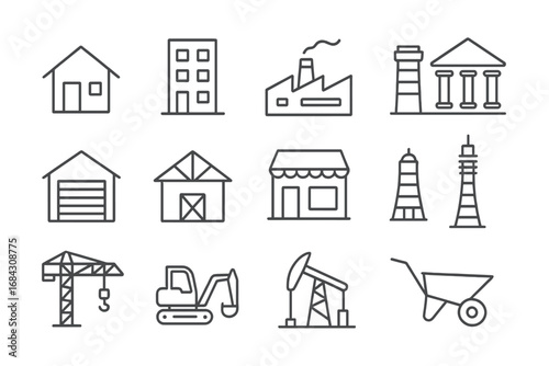 Building and construction line icon set. Real estate, architecture, industry pictograms. House, factory, crane, excavator, oil pump, and store symbols. Editable stroke vector.