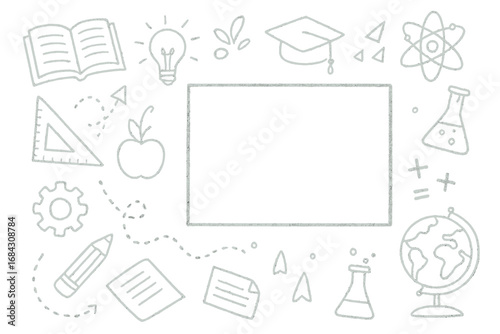 Hand-drawn chalk doodle education frame. School science and learning icons border. Back to school concept with book, globe, atom for customizable text. Vector illustration.